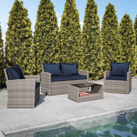 Flash Furniture Aransas Series 4 Piece Light Gray Patio Set with Navy Back Pillows and Seat Cushions JJ-S351-GYNV-GG